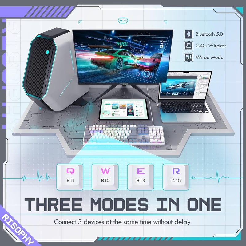RisoPhy Wireless Mechanical Keyboard, Triple Mode 2.4G/USB-C/Bluetooth Gaming Keyboard, 104 Keys Programmable, Customize RGB Backlit, Red Switch, Bicolor PBT Keycaps, Rechargeable Wired Keyboard for Laptop PC - Image 5